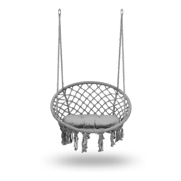 Függőfotel, Sofotel Boho, szürke, 80 x 63 cm ülés, fém váz, 100 cm poliészter–pamut kötél, párnával, 150 kg teherbírás, beltéri/kültéri