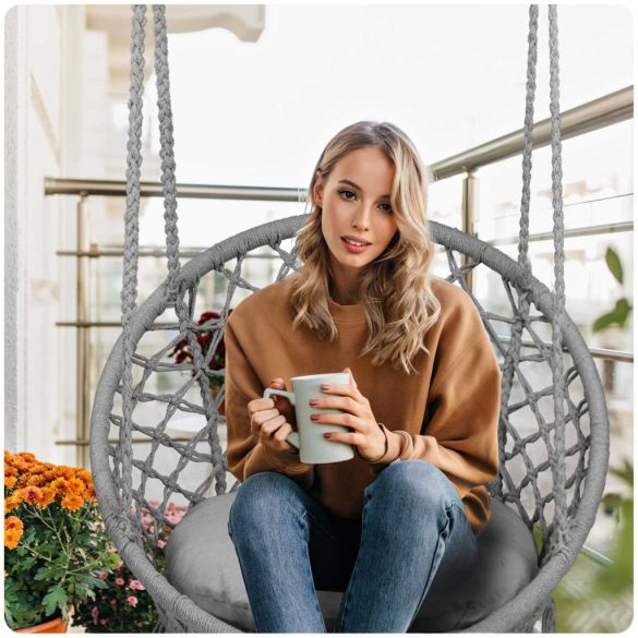 Függőfotel, Sofotel Boho, szürke, 80 x 63 cm ülés, fém váz, 100 cm poliészter–pamut kötél, párnával, 150 kg teherbírás, beltéri/kültéri