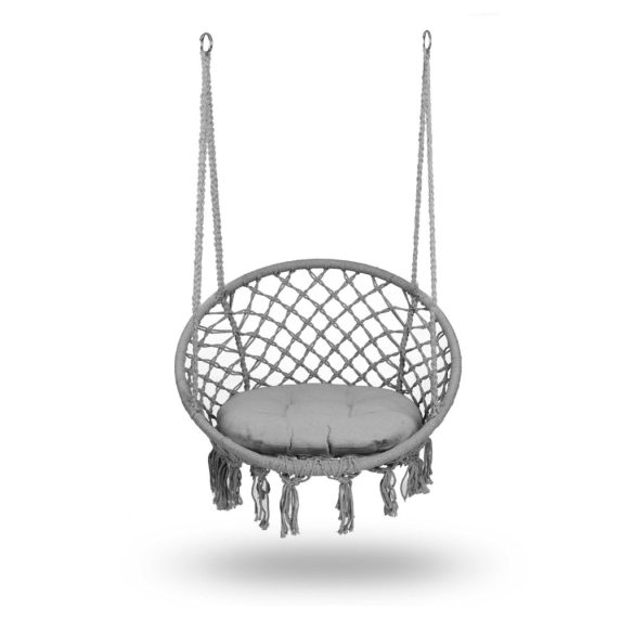 Függőfotel, Sofotel Boho, szürke, 80 x 63 cm ülés, fém váz, 100 cm poliészter–pamut kötél, párnával, 150 kg teherbírás, beltéri/kültéri