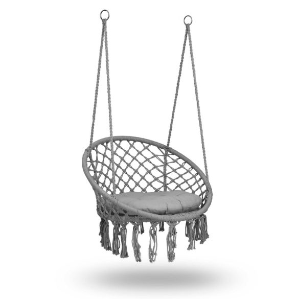 Függőfotel, Sofotel Boho, szürke, 80 x 63 cm ülés, fém váz, 100 cm poliészter–pamut kötél, párnával, 150 kg teherbírás, beltéri/kültéri