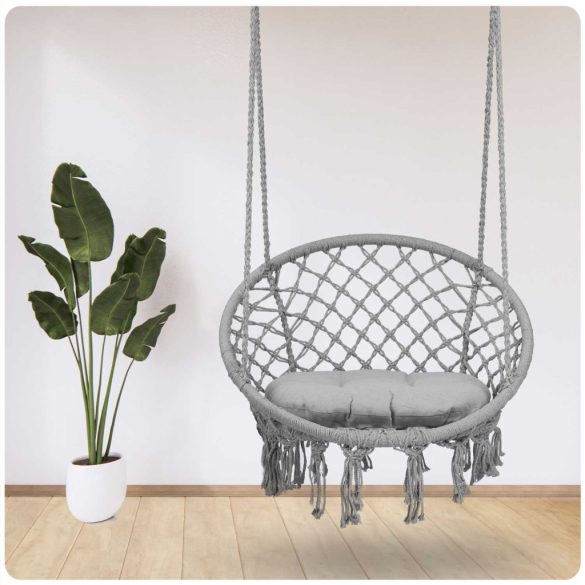 Függőfotel, Sofotel Boho, szürke, 80 x 63 cm ülés, fém váz, 100 cm poliészter–pamut kötél, párnával, 150 kg teherbírás, beltéri/kültéri