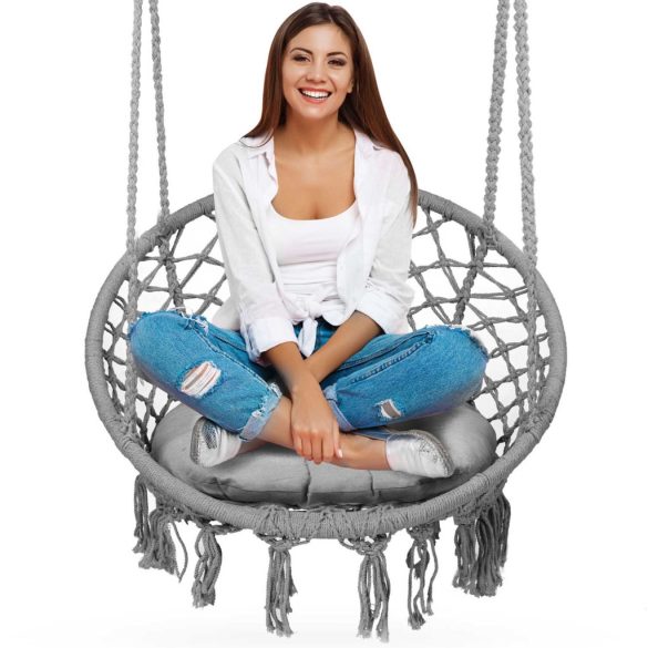 Függőfotel, Sofotel Boho, szürke, 80 x 63 cm ülés, fém váz, 100 cm poliészter–pamut kötél, párnával, 150 kg teherbírás, beltéri/kültéri