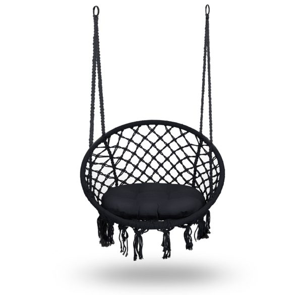 Függőfotel, Sofotel Boho, fekete, 80 x 63 cm ülés, fém váz, 100 cm poliészter–pamut kötél, párnával, 150 kg teherbírás, beltéri/kültéri