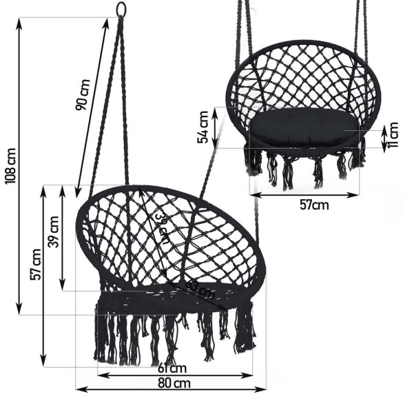 Függőfotel, Sofotel Boho, fekete, 80 x 63 cm ülés, fém váz, 100 cm poliészter–pamut kötél, párnával, 150 kg teherbírás, beltéri/kültéri