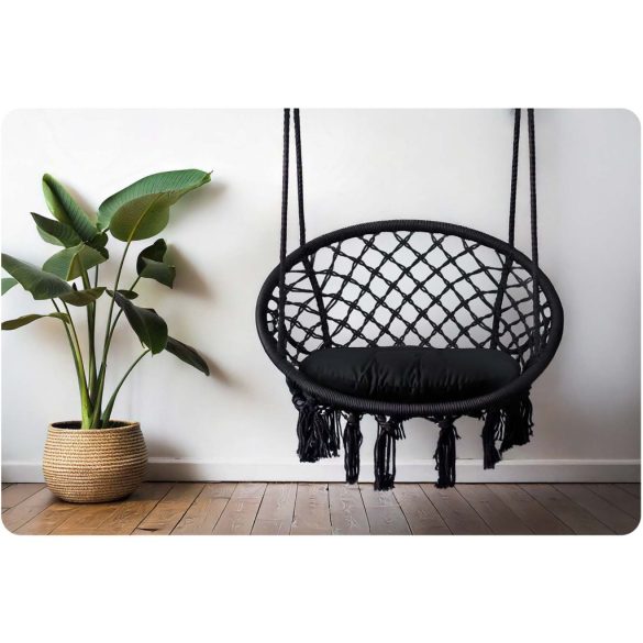 Függőfotel, Sofotel Boho, fekete, 80 x 63 cm ülés, fém váz, 100 cm poliészter–pamut kötél, párnával, 150 kg teherbírás, beltéri/kültéri