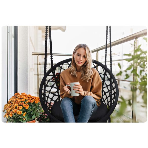 Függőfotel, Sofotel Boho, fekete, 80 x 63 cm ülés, fém váz, 100 cm poliészter–pamut kötél, párnával, 150 kg teherbírás, beltéri/kültéri