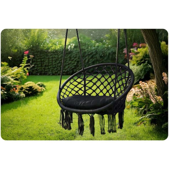 Függőfotel, Sofotel Boho, fekete, 80 x 63 cm ülés, fém váz, 100 cm poliészter–pamut kötél, párnával, 150 kg teherbírás, beltéri/kültéri