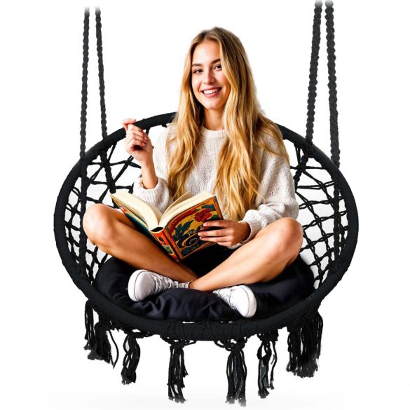 Függőfotel, Sofotel Boho, fekete, 80 x 63 cm ülés, fém váz, 100 cm poliészter–pamut kötél, párnával, 150 kg teherbírás, beltéri/kültéri
