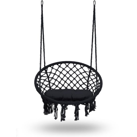 Függőfotel, Sofotel Boho, fekete, 80 x 63 cm ülés, fém váz, 100 cm poliészter–pamut kötél, párnával, 150 kg teherbírás, beltéri/kültéri