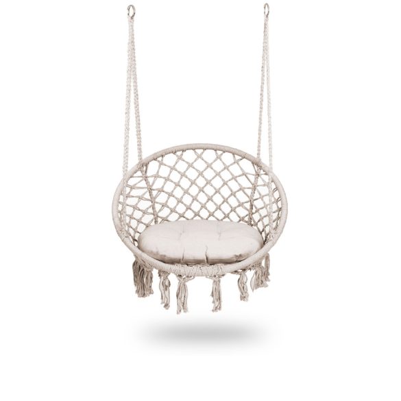 Függőfotel, Sofotel Boho, bézs, 80 x 63 cm ülés, fém váz, 100 cm poliészter–pamut kötél, párnával, 150 kg teherbírás, beltéri/kültéri