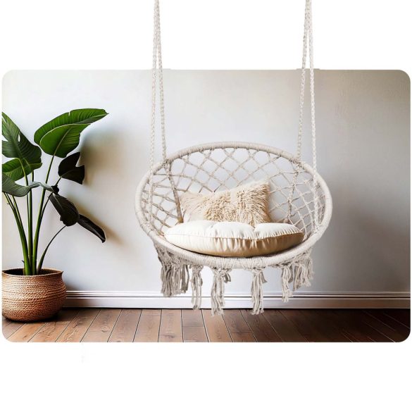 Függőfotel, Sofotel Boho, bézs, 80 x 63 cm ülés, fém váz, 100 cm poliészter–pamut kötél, párnával, 150 kg teherbírás, beltéri/kültéri