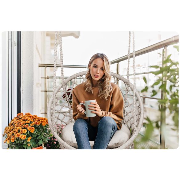 Függőfotel, Sofotel Boho, bézs, 80 x 63 cm ülés, fém váz, 100 cm poliészter–pamut kötél, párnával, 150 kg teherbírás, beltéri/kültéri