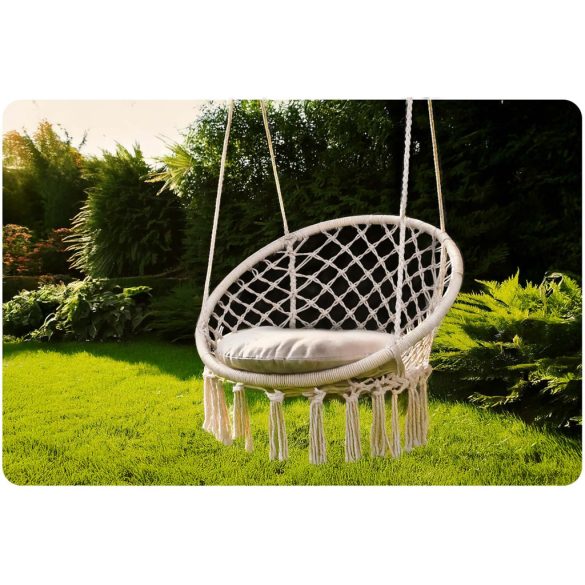 Függőfotel, Sofotel Boho, bézs, 80 x 63 cm ülés, fém váz, 100 cm poliészter–pamut kötél, párnával, 150 kg teherbírás, beltéri/kültéri