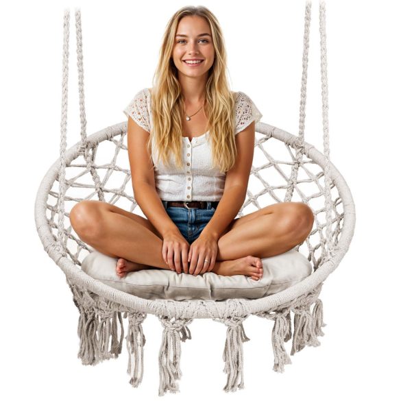 Függőfotel, Sofotel Boho, bézs, 80 x 63 cm ülés, fém váz, 100 cm poliészter–pamut kötél, párnával, 150 kg teherbírás, beltéri/kültéri