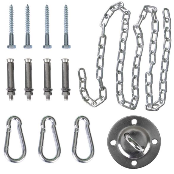 Függőfotel mennyezeti szerelőkészlet, Sofotel, hintához és függőfotelhez, 150 cm lánc, acél, 150 kg teherbírás, 3 karabiner, csavarok és tiplik
