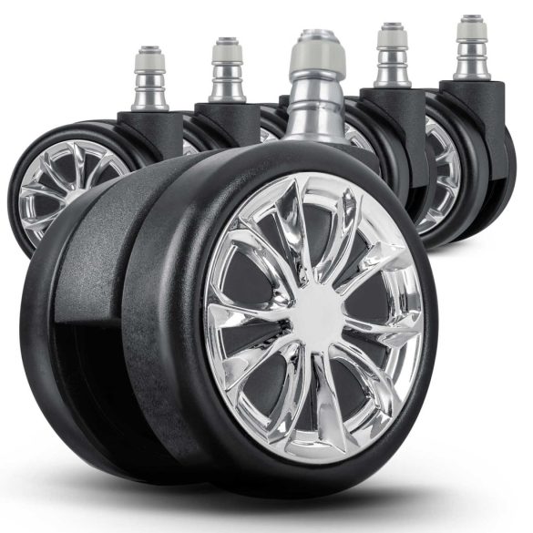 Székgörgő készlet, Sofotel, 5 db, fekete, felnivel, gumírozott felület, dupla görgők, padlókímélő, székekhez és fotelekhez