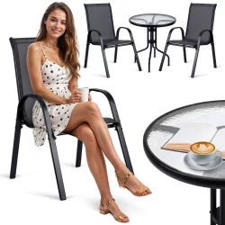   Kerti bútor szett, Sofotel SO-981, fekete, 60 cm asztal + 2 db szék, edzett üveg asztallap, vízálló, porszórt acél váz, UV-álló