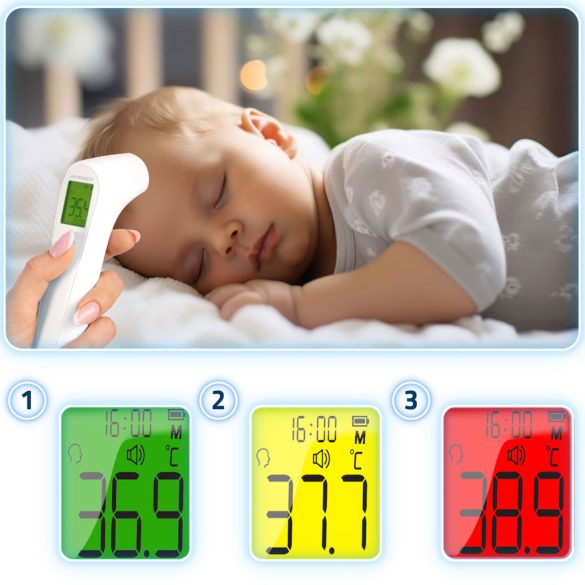 Érintésmentes infravörös lázmérő, Berdsen BD-101, fehér, 1 mp mérési idő, homlok/tárgy mód, 30 mérés memória, 3 színű háttérfény, automata kikapcsolás