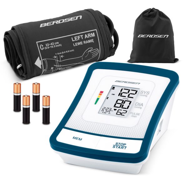 Felkaros vérnyomásmérő, Berdsen BD-120, fehér, 13,5 × 10 × 6,5 cm, mandzsetta 22–42 cm, LCD kijelző, 120 mérés memória, szabálytalan szívverés jelzés, tok, elemes (4 × AA)