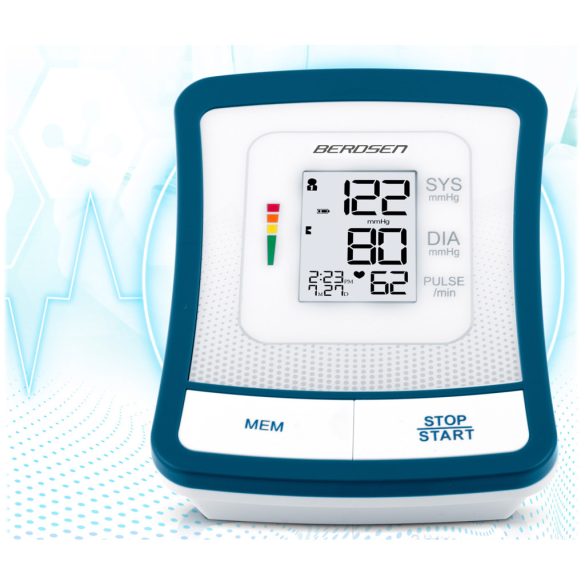 Felkaros vérnyomásmérő, Berdsen BD-120, fehér, 13,5 × 10 × 6,5 cm, mandzsetta 22–42 cm, LCD kijelző, 120 mérés memória, szabálytalan szívverés jelzés, tok, elemes (4 × AA)