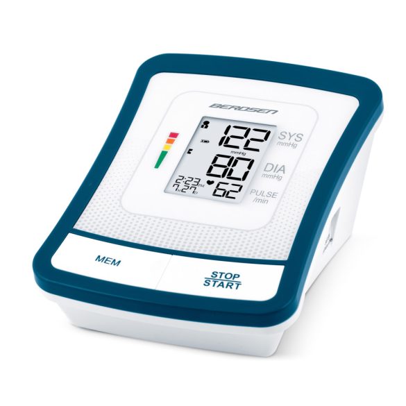 Felkaros vérnyomásmérő, Berdsen BD-120, fehér, 13,5 × 10 × 6,5 cm, mandzsetta 22–42 cm, LCD kijelző, 120 mérés memória, szabálytalan szívverés jelzés, tok, elemes (4 × AA)
