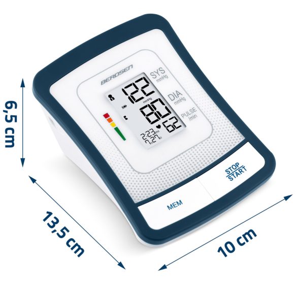 Felkaros vérnyomásmérő, Berdsen BD-120, fehér, 13,5 × 10 × 6,5 cm, mandzsetta 22–42 cm, LCD kijelző, 120 mérés memória, szabálytalan szívverés jelzés, tok, elemes (4 × AA)