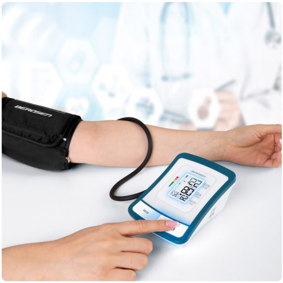 Felkaros vérnyomásmérő, Berdsen BD-120, fehér, 13,5 × 10 × 6,5 cm, mandzsetta 22–42 cm, LCD kijelző, 120 mérés memória, szabálytalan szívverés jelzés, tok, elemes (4 × AA)