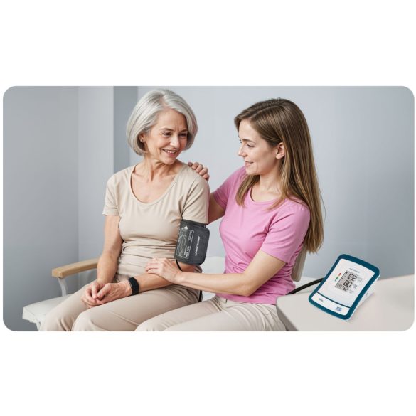 Felkaros vérnyomásmérő, Berdsen BD-120, fehér, 13,5 × 10 × 6,5 cm, mandzsetta 22–42 cm, LCD kijelző, 120 mérés memória, szabálytalan szívverés jelzés, tok, elemes (4 × AA)