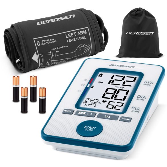 Felkaros vérnyomásmérő, Berdsen BD-121, fehér, 13,5 × 8,5 × 4,0 cm, mandzsetta 22–42 cm, LCD kijelző, 120 mérés memória, szabálytalan szívverés jelzés, tok, elemes (4 × AA)