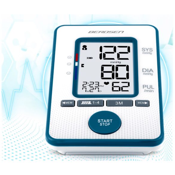 Felkaros vérnyomásmérő, Berdsen BD-121, fehér, 13,5 × 8,5 × 4,0 cm, mandzsetta 22–42 cm, LCD kijelző, 120 mérés memória, szabálytalan szívverés jelzés, tok, elemes (4 × AA)