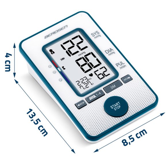 Felkaros vérnyomásmérő, Berdsen BD-121, fehér, 13,5 × 8,5 × 4,0 cm, mandzsetta 22–42 cm, LCD kijelző, 120 mérés memória, szabálytalan szívverés jelzés, tok, elemes (4 × AA)