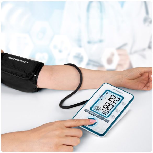 Felkaros vérnyomásmérő, Berdsen BD-121, fehér, 13,5 × 8,5 × 4,0 cm, mandzsetta 22–42 cm, LCD kijelző, 120 mérés memória, szabálytalan szívverés jelzés, tok, elemes (4 × AA)