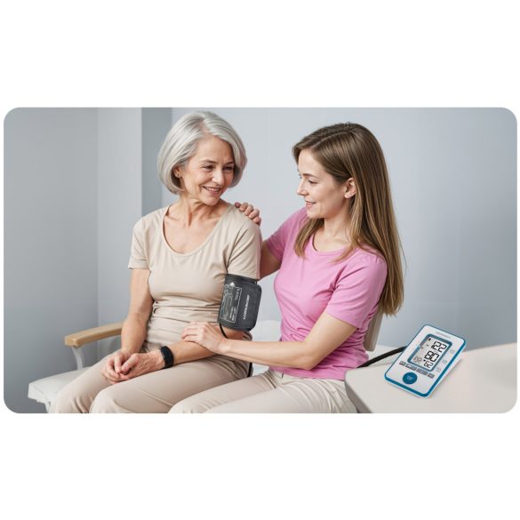 Felkaros vérnyomásmérő, Berdsen BD-121, fehér, 13,5 × 8,5 × 4,0 cm, mandzsetta 22–42 cm, LCD kijelző, 120 mérés memória, szabálytalan szívverés jelzés, tok, elemes (4 × AA)