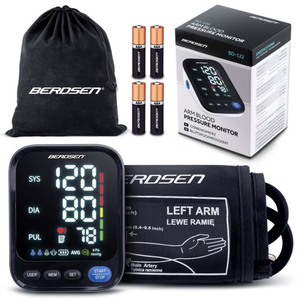Felkaros vérnyomásmérő, Berdsen BD-122, fekete, mandzsetta 22–42 cm, lengyel hangbemondás, 398 mérés memória, szabálytalan szívverés jelzés, tok, elemes (4 x AAA)