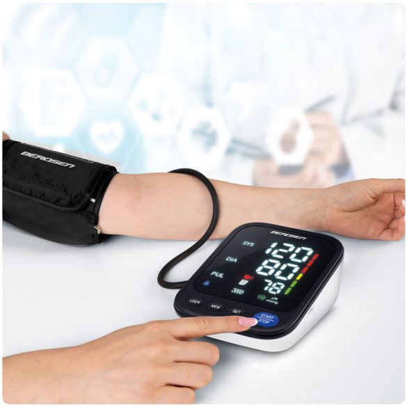 Felkaros vérnyomásmérő, Berdsen BD-122, fekete, mandzsetta 22–42 cm, lengyel hangbemondás, 398 mérés memória, szabálytalan szívverés jelzés, tok, elemes (4 x AAA)