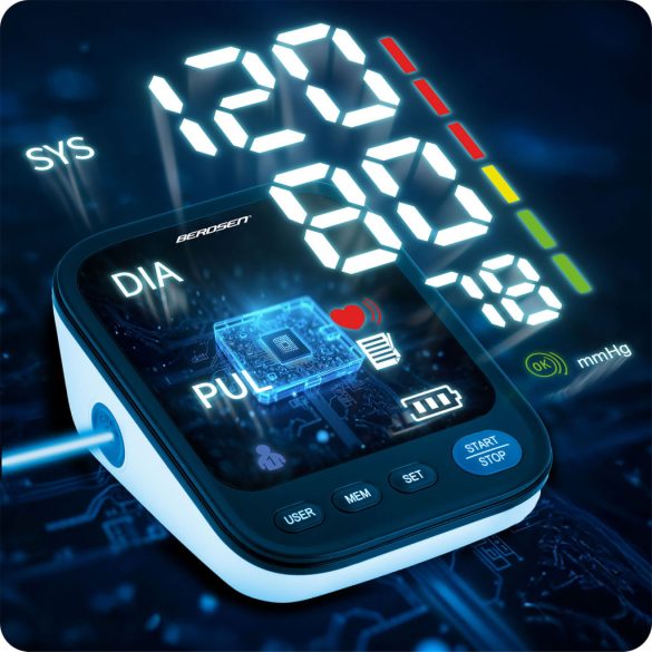 Felkaros vérnyomásmérő, Berdsen BD-122, fekete, mandzsetta 22–42 cm, lengyel hangbemondás, 398 mérés memória, szabálytalan szívverés jelzés, tok, elemes (4 x AAA)