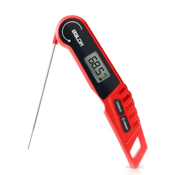 Digitális húshőmérő, Baldr BD-130, piros/fekete, 14 cm szonda, IPX6 vízálló, LCD kijelző, 180°-ban kihajtható, –50 – 300 °C, elemes (2× AAA - nem tartozék)