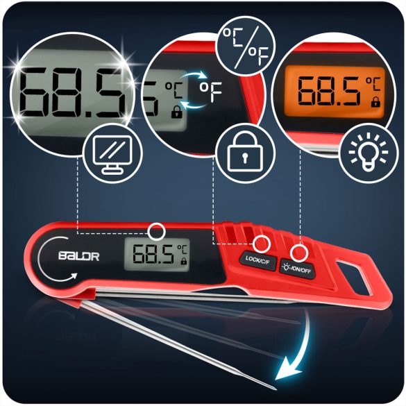 Digitális húshőmérő, Baldr BD-130, piros/fekete, 14 cm szonda, IPX6 vízálló, LCD kijelző, 180°-ban kihajtható, –50 – 300 °C, elemes (2× AAA - nem tartozék)