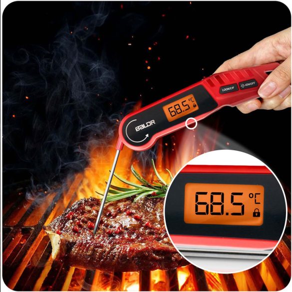 Digitális húshőmérő, Baldr BD-130, piros/fekete, 14 cm szonda, IPX6 vízálló, LCD kijelző, 180°-ban kihajtható, –50 – 300 °C, elemes (2× AAA - nem tartozék)