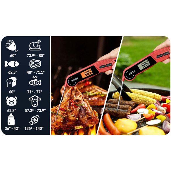 Digitális húshőmérő, Baldr BD-130, piros/fekete, 14 cm szonda, IPX6 vízálló, LCD kijelző, 180°-ban kihajtható, –50 – 300 °C, elemes (2× AAA - nem tartozék)
