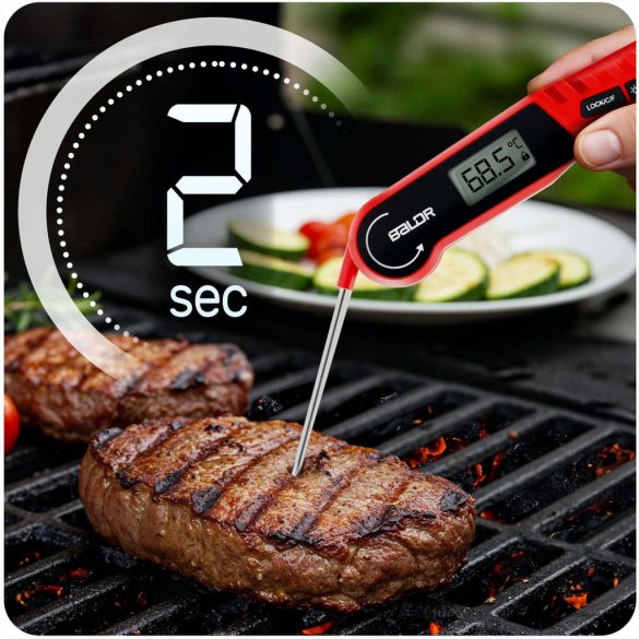 Digitális húshőmérő, Baldr BD-130, piros/fekete, 14 cm szonda, IPX6 vízálló, LCD kijelző, 180°-ban kihajtható, –50 – 300 °C, elemes (2× AAA - nem tartozék)