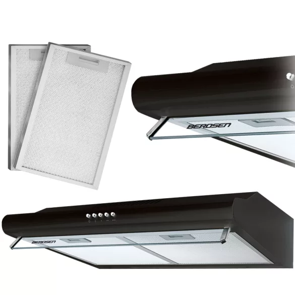 Beépíthető páraelszívó, Berdsen, BE-10-A, 60 cm, fekete, rozsdamentes acél, LED világítással, 3 fokozat, 5 rétegű alumínium zsírszűrő