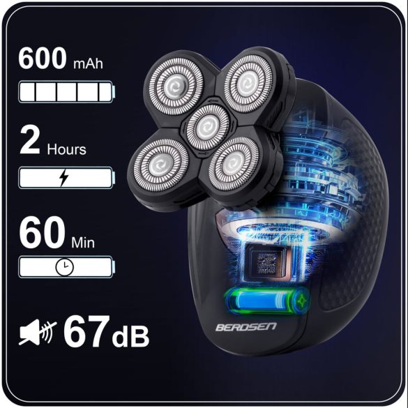 Akkumulátoros univerzális vágó, Berdsen BD-265, fekete, 5 W, 5 cserélhető fej, 3-5-7 mm, kétrétegű ollók, IPX7 vízálló, LCD kijelzős, Li-Ion 3,7 V 600 mAh, USB-C töltés
