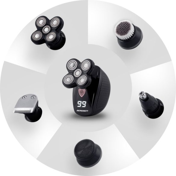 Akkumulátoros univerzális vágó, Berdsen BD-265, fekete, 5 W, 5 cserélhető fej, 3-5-7 mm, kétrétegű ollók, IPX7 vízálló, LCD kijelzős, Li-Ion 3,7 V 600 mAh, USB-C töltés