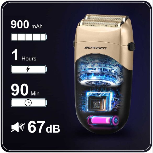 Akkumulátoros borotva, Berdsen BD-266, fekete, 5 W, kétrétegű ollók,  Li-ion 3,7 V 900 mAh, USB-C töltés