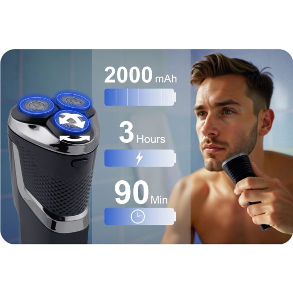 Akkumulátoros borotva, Berdsen BD-268, fekete, 5W, forgófejes, LCD kijelző, Li-Ion 3,7 V, 2000 mAh, USB‑C töltés