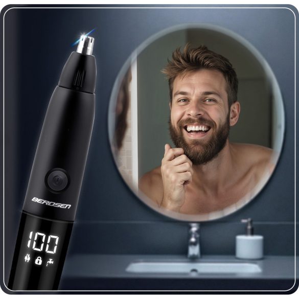 Akkumulátoros orr- és fülszőrnyíró, Berdsen BD-269, fekete, 5W, 3 az 1-ben, LCD-kijelzős, acél penge, Li-Ion 3,7 V 600 mAh, USB-C töltés