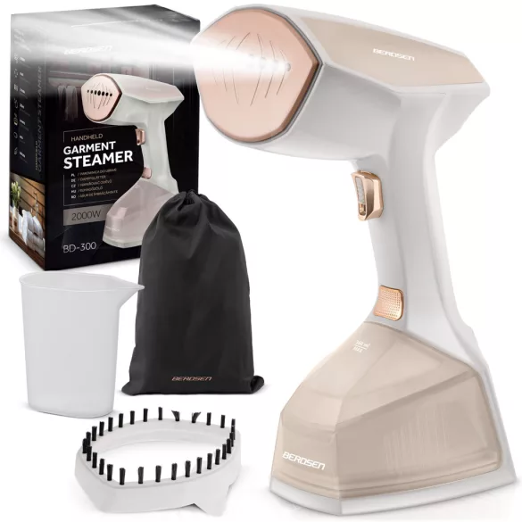 Elektromos ruhagőzölő, Berdsen BD-300, fehér, 2000 W, 360 ml tartály, gőzkibocsátás: 45 g/perc, 10 mp-es felfűtés, 3 fokozat, LCD kijelző, kefés fej