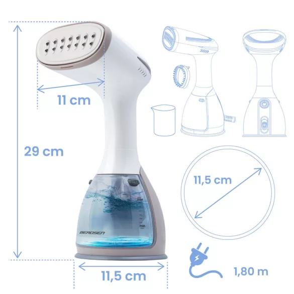 Elektromos ruhagőzölő, Berdsen BD-310, fehér, 1500 W, 280 ml tartály, gőzkibocsátás: 32 g/perc, kefés fej, 1,8 m kábel