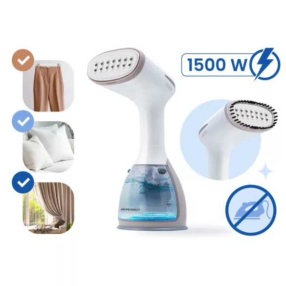 Elektromos ruhagőzölő, Berdsen BD-310, fehér, 1500 W, 280 ml tartály, gőzkibocsátás: 32 g/perc, kefés fej, 1,8 m kábel